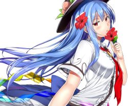 Rule 34 | 1girl, :o, blue hair, blush, breasts, flower, food, food-themed clothes, fruit, hair flower, hair ornament, hat, hibiscus, hinanawi tenshi, large breasts, long hair, looking at viewer, looking to the side, neropaso, open mouth, peach, red eyes, short sleeves, simple background, solo, touhou, upper body, white background