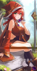 Rule 34 | 1girl, absurdres, bare shoulders, bbeedol, black socks, blurry, blurry background, boots, breasts, brooch, candy, cape, collared shirt, crop top, depth of field, detached sleeves, food, from side, gold trim, green eyes, hand up, highres, holding, holding candy, holding food, holding lollipop, jewelry, kneehighs, large breasts, lollipop, long hair, long sleeves, looking at viewer, looking to the side, low ponytail, maplestory, midriff, miniskirt, navel, oz (maplestory), parted lips, red hair, red hood, red shirt, red skirt, shirt, sitting, skirt, sleeveless, sleeveless shirt, socks, solo, stomach, thighs, wide sleeves