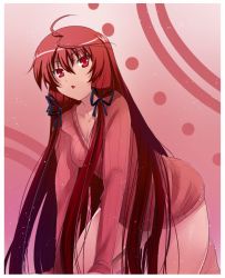 Rule 34 | 00s, 1girl, ahoge, all fours, bottomless, breasts, cleavage, hair ribbon, himuro akari, long hair, naked sweater, night wizard, red eyes, red hair, red theme, ribbed sweater, ribbon, solo, surprised, sweater, tusia, v-neck, very long hair