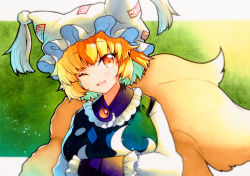 Rule 34 | 1girl, animal ears, animal hat, bad id, bad twitter id, blonde hair, blush, fox ears, fox tail, hair between eyes, hands in opposite sleeves, hat, highres, mob cap, multiple tails, one eye closed, open mouth, qqqrinkappp, short hair, sleeves past fingers, sleeves past wrists, smile, solo, tabard, tail, touhou, traditional media, upper body, white hat, yakumo ran, yellow eyes