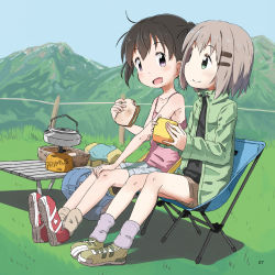 Rule 34 | 2girls, ashida ichirou, backpack, backpacking stove, bad id, bad twitter id, bag, black hair, brown shorts, camisole, camping chair, chair, commentary, day, english commentary, folding chair, food, green eyes, green jacket, hair ornament, hairclip, hand on own knee, highres, jacket, kerosene lamp, kettle, kuraue hinata, light brown hair, multiple girls, outdoors, portable stove, purple eyes, sandwich, shoes, shorts, sneakers, socks, twintails, yama no susume, yukimura aoi