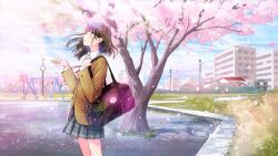 1girl bag black_bag blush braid brown_eyes brown_hair brown_jacket building cherry_blossoms clock collared_shirt day falling_petals grey_skirt hand_up highres jacket kazuharu_kina light_particles long_sleeves medium_hair neck_ribbon open_mouth original outdoors petals plaid_clothes plaid_skirt playground pleated_skirt red_ribbon ribbon school_bag school_uniform shirt shoulder_bag side_braid skirt solo standing tree white_shirt