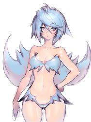 Rule 34 | 1girl, antenna hair, armpit crease, bare shoulders, blue eyes, blue hair, breasts, collarbone, copyright request, covered erect nipples, eyelashes, fumio (rsqkr), hand on own hip, looking at viewer, short hair, simple background, small breasts, solo, white background, wide hips, wings