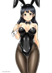 Rule 34 | 1girl, ahoge, animal ears, black hair, black leotard, black pantyhose, blush, bow, bowtie, breasts, covered navel, detached collar, embarrassed, fake animal ears, hair between eyes, highleg, highleg leotard, kantai collection, kudou (ooabareteng), large breasts, leotard, long hair, pantyhose, playboy bunny, rabbit ears, simple background, solo, strapless, strapless leotard, traditional bowtie, twitter username, ushio (kancolle), white background, wrist cuffs
