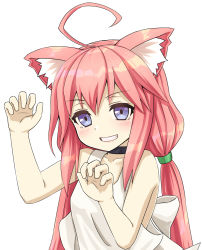 Rule 34 | 1girl, ahoge, animal ear fluff, animal ears, arm up, bare shoulders, black choker, blue eyes, blush, breasts, cat ears, choker, claw pose, collarbone, grin, hair between eyes, hand up, hinata channel, jd (bibirijd), long hair, low twintails, nekomiya hinata, pink hair, shirt, small breasts, smile, solo, tank top, twintails, upper body, very long hair, virtual youtuber, white shirt
