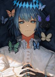 Rule 34 | 1boy, :|, alternate hair color, arthropod boy, artist name, black hair, blue butterfly, blue eyes, bug, butterfly, closed mouth, commentary, crown, diamond hairband, expressionless, fate/grand order, fate (series), green butterfly, insect, long sleeves, looking back, lying, male focus, medium hair, no cape, no wings, oberon (fate), oberon (third ascension) (fate), orange butterfly, own hands together, purple butterfly, shirt, solo, spoilers, suisei ao, upper body, white shirt