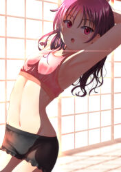 Rule 34 | 1girl, :o, alternate hairstyle, armpits, arms behind head, arms up, backlighting, black panties, boyshort panties, breasts, commentary request, cowboy shot, dutch angle, groin, hair down, highres, indoors, jou (circlemay), kazuno leah, looking at viewer, love live!, love live! sunshine!!, medium hair, navel, open mouth, panties, partial commentary, pink sports bra, purple eyes, purple hair, shouji, sleepwear, sliding doors, small breasts, solo, sports bra, standing, underwear, underwear only