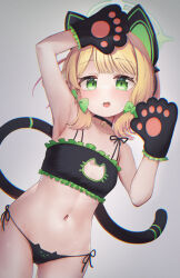 Rule 34 | 1girl, animal ear headphones, animal ears, animal hands, arm up, armpits, bell, black choker, blonde hair, blue archive, blush, bow, breasts, cat ears, cat lingerie, cat tail, choker, collarbone, commentary, cowboy shot, fake animal ears, fake tail, gloves, green bow, green eyes, green halo, grey background, hair bow, halo, hand up, headphones, highres, jingle bell, low-tied sidelocks, meme attire, midori (blue archive), navel, neck bell, open mouth, paid reward available, panties, paw gloves, saebashi, side-tie panties, simple background, small breasts, solo, stomach, sweat, tail, underwear