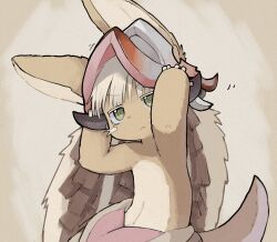 Rule 34 | 1other, absurdres, adjusting clothes, adjusting headwear, body fur, closed mouth, ears through headwear, fake horns, green eyes, hat, highres, horizontal pupils, horned headwear, horns, made in abyss, multicolored pants, nanachi (made in abyss), other focus, pants, rabbit ears, siroa, solo, tail, topless, whiskers, white hair