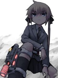Rule 34 | 1girl, ahoge, arm on knee, arm rest, black bow, black necktie, black skirt, black socks, blonde hair, blue eyes, bow, closed mouth, collared shirt, dot nose, feet out of frame, female focus, fog, from below, frown, grey jacket, hair between eyes, hair bow, highres, jacket, jitome, kill me baby, light particles, long sleeves, looking afar, muted color, necktie, perspective, shirt, skirt, skirt drape, socks, solo, sonya (kill me baby), squatting, standing, thick eyebrows, twintails, v-shaped eyebrows, weapon, white background, white shirt, yachima tana