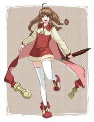 Rule 34 | 1girl, ahoge, brown hair, cape, closed umbrella, coat, commentary request, dated, dress, green eyes, hair ornament, hairband, hexagram, jewelry, kamedouraku, lilka eleniak, long hair, long sleeves, looking at viewer, low-tied long hair, open mouth, pendant, red cape, short dress, sidelocks, skirt, smile, solo, star of david, thighhighs, twintails, umbrella, white thighhighs, wild arms, wild arms 2, witch, zipper