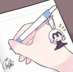 Rule 34 | 1other, ahoge, beni shake, character charm, character doll, charm (object), closed eyes, commentary request, fate/grand order, fate (series), hand focus, headphones, holding, holding pencil, jeanne d&#039;arc alter (fate), notice lines, original, out of frame, parted lips, pencil, signature, solo, white hair