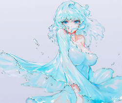 Rule 34 | 1girl, bad id, bad pixiv id, bare shoulders, blue dress, blue eyes, blue hair, blue theme, breasts, collarbone, commentary, cowboy shot, dress, english commentary, hair over mouth, highres, kisei2, liquid, liquid clothes, liquid hair, long hair, long sleeves, looking at viewer, medium breasts, off shoulder, original, simple background, solo, water, wide sleeves