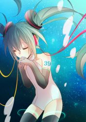 Rule 34 | 1girl, 39, elbow gloves, closed eyes, gloves, green hair, hatsune miku, leotard, long hair, own hands clasped, own hands together, solo, thighhighs, twintails, very long hair, vocaloid