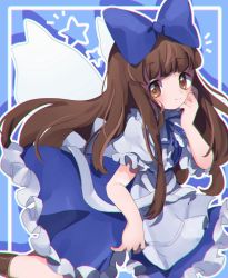 Rule 34 | 1girl, apron, ayahi 4, back bow, blue background, blue bow, blue bowtie, blue dress, blush, boots, bow, bowtie, brown eyes, brown footwear, brown hair, closed mouth, commentary request, dress, fairy wings, flying, frills, grey apron, grey bow, grey shirt, hair bow, hand on own face, hand up, highres, long hair, looking to the side, puffy short sleeves, puffy sleeves, shadow, shirt, short sleeves, smile, solo, star (symbol), star sapphire, touhou, wings