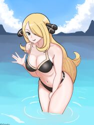 Rule 34 | 1girl, bare shoulders, between legs, bikini, black bikini, blonde hair, blue sky, breasts, cleavage, cloud, commentary, creatures (company), cynthia (pokemon), game freak, grey eyes, hair over one eye, hand between legs, highres, large breasts, long hair, looking at viewer, navel, nintendo, ocean, open mouth, partially submerged, pokemon, pokemon dppt, sky, solo, swimsuit, symbol-only commentary, thedarkestuno, very long hair