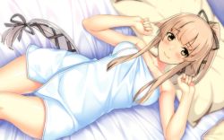 Rule 34 | 1girl, bed, bedroom, blush, breasts, derivative work, highres, kantai collection, long hair, looking at viewer, lupin dive, pillow, pink hair, ponytail, rosemarry 1911, small breasts, solo, towel, underwear, undressing, very long hair, yellow eyes, yura (kancolle)