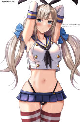 Rule 34 | 1girl, absurdres, armpits, blue bow, blue eyes, bow, breasts, cosplay, elbow gloves, gloves, highres, kantai collection, large breasts, light brown hair, long hair, low twintails, maryland (kancolle), mizuki (uzuki no sato), navel, presenting armpit, shimakaze (kancolle), shimakaze (kancolle) (cosplay), thighs, twintails, white gloves