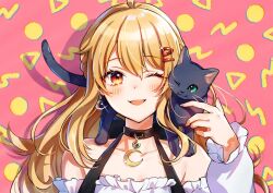 Rule 34 | 1girl, ;d, ahoge, animal, animal on shoulder, blonde hair, brown eyes, cat, cat on shoulder, collarbone, commission, crescent, crescent earrings, crescent necklace, earrings, floating hair, hair ornament, hairclip, indie virtual youtuber, jewelry, long hair, long sleeves, mochitsugi luna, necklace, off-shoulder shirt, off shoulder, one eye closed, open mouth, portrait, shinishi chiho, shirt, skeb commission, smile, solo, sparkle, straight hair, virtual youtuber, white shirt