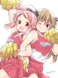 Rule 34 | 2girls, :d, anima yell!, arm up, armpits, back-to-back, bare legs, bare shoulders, black bow, bow, cheering, cheerleader, close-up, collarbone, commentary request, dated, floating hair, grin, hair bow, hatoya kohane, holding, holding pom poms, light brown hair, locked arms, long hair, looking at viewer, manga time kirara, minagi koharu, multicolored shirt, multiple girls, one eye closed, open mouth, pink eyes, pink hair, pleated skirt, pom pom (cheerleading), pom poms, ponytail, red eyes, red shirt, red skirt, shirt, sidelocks, simple background, skirt, sleeveless, sleeveless shirt, slow loop, smile, striped, striped bow, two side up, uchino maiko, white background, white shirt