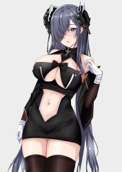 Rule 34 | 1girl, absurdres, august von parseval (azur lane), azur lane, black dress, black sleeves, black thighhighs, blue eyes, blush, breasts, cowboy shot, detached sleeves, dress, gloves, grey hair, hair over one eye, highres, horns, kirin3145, large breasts, long hair, long sleeves, looking at viewer, navel, one eye covered, parted lips, simple background, thighhighs, thighs, white gloves