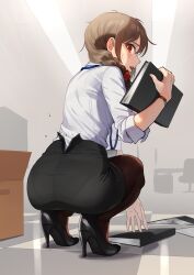 Rule 34 | 1girl, ass, blush, book, brown eyes, brown hair, checkered floor, dress shirt, from behind, hair over shoulder, high heels, highres, holding, holding book, idolmaster, idolmaster cinderella girls, indoors, kamille (vcx68), looking back, office lady, open mouth, pantyhose, pantylines, pencil skirt, senkawa chihiro, shirt, shirt tucked in, skirt, solo, squatting, watch, white shirt, wristwatch