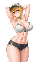 Rule 34 | 1girl, armpits, arms up, bare arms, bare shoulders, black shorts, blue eyes, blush, breasts, cleavage, closed mouth, cowboy shot, goddess of victory: nikke, hat, highres, large breasts, looking at viewer, maxwell (nikke), navel, orange hair, short hair, shorts, simple background, smile, solo, stomach, thighs, wei xiao, white background