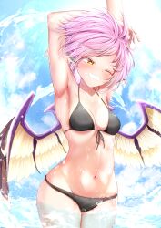 Rule 34 | 1girl, absurdres, animal ears, bare arms, bare legs, bare shoulders, besuteia, bird ears, bird wings, black bra, blush, bra, breasts, collarbone, cowboy shot, day, feathered wings, grin, groin, highres, mystia lorelei, navel, pink hair, short hair, small breasts, smile, solo, touhou, underwear, water, white wings, wings, yellow eyes