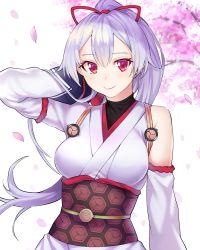 Rule 34 | archer inferno, armpits, bad id, bad pixiv id, blush, fate/grand order, fate (series), hair between eyes, highres, japanese clothes, long hair, miko, ponytail, red eyes, sakura, solo, white hair