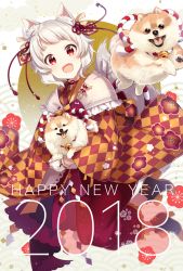Rule 34 | 1girl, 2018, :d, animal ears, bad id, bad pixiv id, bell, blunt bangs, chinese zodiac, dog, dog ears, dog tail, english text, fang, gloves, happy new year, highres, ichiren namiro, japanese clothes, jingle bell, kimono, long sleeves, looking at viewer, nengajou, new year, open mouth, red eyes, short eyebrows, short hair, silver hair, smile, tail, thick eyebrows, white gloves, year of the dog