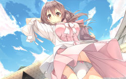 Rule 34 | 10s, 1girl, 2012, artist name, blush, bow, bow panties, breasts, brown eyes, brown hair, cloud, dated, day, fingernails, from below, highres, hotch kiss, long hair, looking down, medium breasts, mikage shizuku, navel, official art, official wallpaper, panties, pantyshot, sky, solo, tokyo big sight, translation request, underwear, usume shirou, wallpaper, white panties