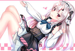Rule 34 | 1girl, absurdres, bare legs, black skirt, blue bow, blue bowtie, blush, bow, bowtie, breasts, checkered background, clothing cutout, commentary, fang, gradient hair, hair ribbon, hairband, heart, high-waist skirt, highres, hololive, horns, long hair, long sleeves, looking at viewer, medium breasts, multicolored hair, nail polish, nakiri ayame, nakiri ayame (girly), open mouth, pink hair, pink nails, plaid, plaid bow, plaid bowtie, plaid neckwear, red eyes, red hair, ribbon, shirt, shoulder cutout, silver hair, simple background, skin-covered horns, skirt, sleeves past wrists, smile, solo, streaked hair, thighs, virtual youtuber, white background, white shirt, yuano