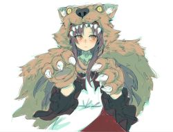 Rule 34 | 1girl, animal hands, berabou, brown hair, claw pose, claws, dress, expressionless, fangs, frilled sleeves, frills, gloves, imaizumi kagerou, long hair, long sleeves, orange eyes, paw gloves, pelt, sketch, solo, touhou