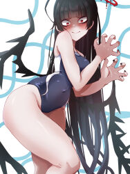 Rule 34 | 1girl, antenna hair, bare arms, bare legs, bare shoulders, black hair, black one-piece swimsuit, black wings, blue archive, blush, closed mouth, covered navel, feet out of frame, halo, highres, komena (shinyday312), long hair, melting halo, one-piece swimsuit, red eyes, red halo, school swimsuit, solo, swimsuit, tsurugi (blue archive), very long hair, wings