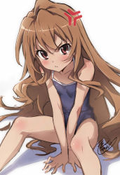 Rule 34 | 1girl, aisaka taiga, anger vein, bad id, bad twitter id, blue one-piece swimsuit, brown eyes, brown hair, commentary request, competition school swimsuit, feet out of frame, flat chest, frown, hair between eyes, isshi pyuma, long hair, looking at viewer, one-piece swimsuit, own hands together, parted bangs, school swimsuit, scowl, signature, simple background, sitting, solo, spread legs, swimsuit, toradora!, v-shaped eyebrows, v arms, very long hair, wavy hair, white background