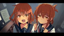 Rule 34 | 2girls, absurdres, anchor symbol, brown eyes, brown hair, closed mouth, fang, folded ponytail, hair between eyes, hair ornament, hairclip, highres, ikazuchi (kancolle), inazuma (kancolle), kantai collection, long hair, long sleeves, looking at viewer, multiple girls, neckerchief, o-sirius, open mouth, red neckerchief, school uniform, serafuku, short hair, sidelocks, upper body
