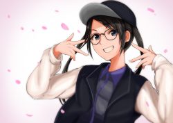 Rule 34 | 1girl, black hair, black hat, blue eyes, blush, glasses, hamomemi, hat, idolmaster, idolmaster shiny colors, long hair, long sleeves, looking at viewer, mitsumine yuika, parted lips, smile, solo, teeth, twintails, upper body