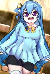 Rule 34 | 1girl, blue hair, bow, commission, cupboard, denyel, hair ribbon, highres, knee up, knees up, long hair, looking at viewer, monster girl, open mouth, purple eyes, ribbon, shirt, shorts, slime girl, solo, thighhighs, thighs, v&amp;u entertainment, virtual youtuber, zeli zuimu