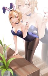 Rule 34 | 1girl, absurdres, alternate costume, animal ears, azur lane, bare shoulders, black pantyhose, blonde hair, blush, bottle, breasts, choker, cleavage, cup, drinking glass, earrings, fake animal ears, highres, holding, holding cup, jewelry, large breasts, leaning forward, leotard, looking at viewer, multicolored hair, pantyhose, plant, playboy bunny, potted plant, purple choker, purple leotard, qing wu, rabbit ears, rabbit tail, red hair, roon (azur lane), smile, solo, strapless, strapless leotard, streaked hair, tail, thigh strap, two-tone hair, wine glass, yellow eyes, zoom layer