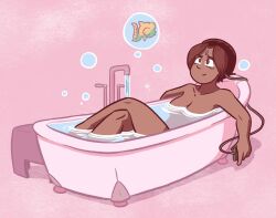 Rule 34 | 1girl, air bubble, bath, bathing, bathtub, bindi, breasts, brown eyes, bubble, closed mouth, commentary, completely nude, crossed legs, dark-skinned female, dark skin, dev (sam &amp; fuzzy), english commentary, fish, looking at another, medium breasts, nude, original, pink background, sam &amp; fuzzy, sam logan, short hair, smile, solo, toon (style), very dark skin, water