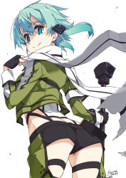 Rule 34 | 1girl, anti-materiel rifle, aqua eyes, aqua hair, ass, black shorts, bolt action, butt crack, cropped jacket, fingerless gloves, from behind, gloves, gun, hair ornament, hairclip, highres, looking at viewer, looking back, pgm hecate ii, rifle, scarf, shikei, shiny skin, short hair, short hair with long locks, short shorts, shorts, simple background, sinon, smile, sniper rifle, solo, standing, sword art online, thighs, weapon, white background