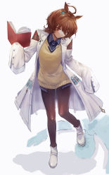 Rule 34 | 1girl, absurdres, agnes tachyon (umamusume), ahoge, animal ears, black pantyhose, blue neckwear, book, boots, brown hair, closed mouth, coat, earrings, full body, hagioshi, highres, holding, holding book, horse ears, horse girl, jewelry, lab coat, lying, pantyhose, red eyes, short hair, single earring, sleeves past fingers, sleeves past wrists, sweater vest, test tube, umamusume, white coat, white footwear, yellow sweater vest