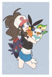 1girl :d artist_name black_vest blue_eyes blue_shorts border brown_hair creatures_(company) game_freak gen_5_pokemon hat high_ponytail highres hilda_(pokemon) holding holding_pokemon long_hair looking_at_viewer nintendo open_mouth oshawott pokemon pokemon_(creature) pokemon_bw ponytail shirt shorts sleeveless sleeveless_shirt smile snivy teeth tepig upper_teeth_only vest white_border white_hat white_shirt wildou_p zorua