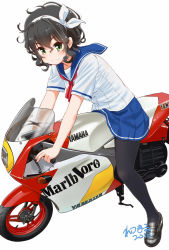 Rule 34 | 1girl, amano onsa, artist name, bakuon!!, black footwear, black hair, black pantyhose, blouse, blue sailor collar, blue skirt, closed mouth, commentary request, curly hair, dated, green eyes, hair ribbon, leaning forward, loafers, logo, looking at viewer, marlboro, miniskirt, motor vehicle, motorcycle, neckerchief, pantyhose, pleated skirt, red neckerchief, retsumaru, ribbon, sailor collar, school uniform, serafuku, shirt, shoes, short hair, short sleeves, signature, simple background, single horizontal stripe, sitting, skirt, smile, solo, vehicle request, white background, white ribbon, white shirt, yamaha