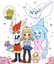 Rule 34 | 3girls, @ @, absurdly long hair, alcremie, alcremie (ruby swirl), alcremie (strawberry sweet), animal ears, animal hands, arm up, bike shorts, black legwear, black sclera, blank eyes, blonde hair, blue eyes, blue fur, blue hair, blue headwear, blue skirt, blunt bangs, blush, blush stickers, body fur, braid, brown eyes, brown footwear, cinderace, closed mouth, collared shirt, colored sclera, colored skin, confetti, creatures (company), cross-laced footwear, crossed arms, eldegoss, female focus, flat chest, floating, food, frosmoth, fruit, full body, furry, furry female, game freak, gen 8 pokemon, gloria (pokemon), grey skin, grey sweater, happy, hat, hatterene, heart, highres, holding, long hair, long sleeves, looking at another, looking at viewer, looking up, matching hair/eyes, miniskirt, muguet, multicolored hair, multiple girls, nintendo, open mouth, pantyhose, pink hair, plaid, plaid skirt, pleated skirt, pokemon, pokemon (creature), pokemon swsh, polteageist, prehensile hair, rabbit ears, rabbit girl, rabbit tail, red eyes, red fur, red hair, shirt, shoes, short hair, simple background, skirt, smile, standing, straight-on, strawberry, sweater, tail, teapot, twin braids, two-tone hair, very long hair, white background, white eyes, white fur, white shirt, witch hat, yellow eyes, yellow fur