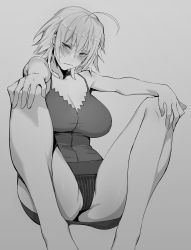 Rule 34 | 1girl, absurdres, ahoge, bare arms, bare legs, bare shoulders, blush, breasts, cleavage, collarbone, duplicate, fate/grand order, fate (series), full body, greyscale, highres, hxd, impossible clothes, jeanne d&#039;arc (fate), jeanne d&#039;arc alter (avenger) (fate), jeanne d&#039;arc alter (fate), large breasts, looking at viewer, monochrome, partially visible vulva, pixel-perfect duplicate, solo, sweat, thighs, tsurime