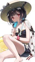Rule 34 | 1girl, :p, absurdres, bare shoulders, barefoot, black hair, black shorts, blush, bow, brown hat, food, granblue fantasy, hair bobbles, hair bow, hair ornament, hat, highres, jacket, jacket on shoulders, legs, looking at viewer, midriff, ningen mame, popsicle, red eyes, red scrunchie, scrunchie, short hair, shorts, simple background, sleeveless, solo, straw hat, sun hat, thighs, tongue, tongue out, vikala (granblue fantasy), white background, white bow, white jacket, wrist scrunchie