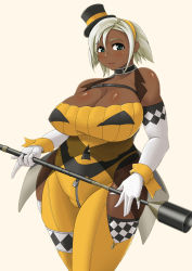 Rule 34 | 1girl, absurdres, aqua eyes, bare shoulders, belt, belt buckle, bodysuit, breasts, buckle, checkered clothes, cleavage, collar, collarbone, commentary request, covered erect nipples, crotch seam, crotch zipper, curvy, dark-skinned female, dark skin, elbow gloves, female focus, gloves, green eyes, hair between eyes, hair ornament, hairband, halloween, harness, hat, hat ornament, highres, hip focus, hip vent, holding, holding staff, huge breasts, jacket, jewelry, looking at viewer, original, parted lips, renges, ring, see-through, see-through jacket, shiny skin, simple background, skindentation, solo, staff, standing, thick thighs, thighs, white background, white gloves, white hair, wide hips, wrist cuffs, yellow bodysuit, zipper, zipper pull tab