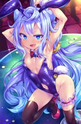 Rule 34 | 1boy, :d, androgynous, animal ears, areola slip, armpits, arms behind head, black thighhighs, blue eyes, blue hair, blush, bulge, clothing cutout, fake animal ears, fand, fang, hacka doll, hacka doll 3, high heels, highleg, highleg leotard, leotard, long hair, looking at viewer, male focus, male playboy bunny, nail polish, naughty face, navel, navel cutout, open mouth, pink footwear, playboy bunny, pole dancing, rabbit ears, rabbit tail, sitting, smile, solo, tail, thighhighs, toraishi 666, trap, very long hair