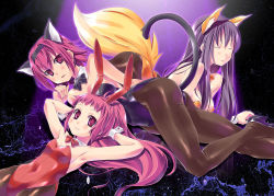 Rule 34 | 3girls, animal ears, armpits, black legwear, breasts, cat ears, cat tail, cleavage, closed eyes, fake animal ears, fox ears, fox tail, highres, imu sanjo, kittysuit, leotard, long hair, looking at viewer, lying, multiple girls, nontraditional playboy bunny, on stomach, original, pantyhose, playboy bunny, purple hair, rabbit ears, red eyes, red hair, short hair, smile, tail